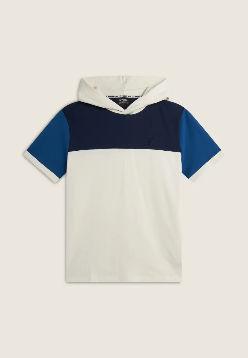 Felpa a Maniche Corte con Cappuccio design colour block