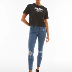 Jeans skinny vita regular in denim distressed sostenibile