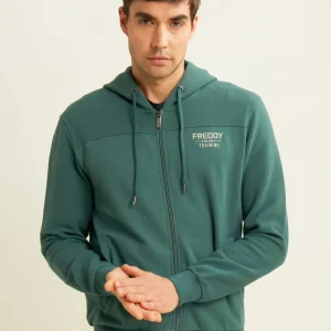 Felpa con cappuccio camouflage e inserti rigati