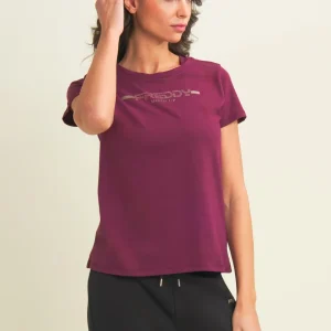 T-shirt da donna con strass e banda logata sulle spalle