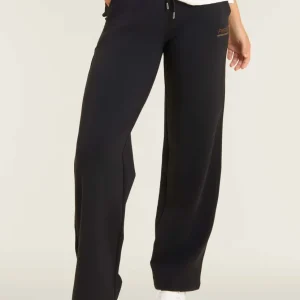 Pantaloni wide leg da donna con logo in strass bicolore