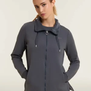 Felpa da donna con zip, spacchi laterali e collo alto in velluto