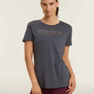 T-shirt donna con logo in strass bicolori