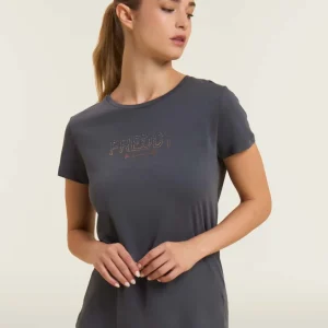 T-shirt donna con mini spacchi laterali e logo in strass