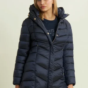 Piumino donna trapuntato con cappuccio e bottoni a pressione