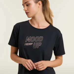 T-shirt cropped con maniche ampie e stampa Mood Up