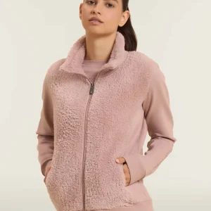 Felpa con zip, collo e fronte in sherpa, logo borchie