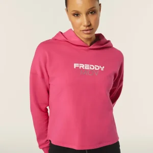 Felpa donna corta in vita con cappuccio e stampa