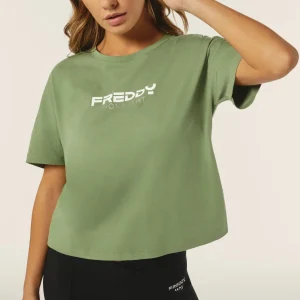 T-shirt donna comfort fit corta con stampa e spacchi