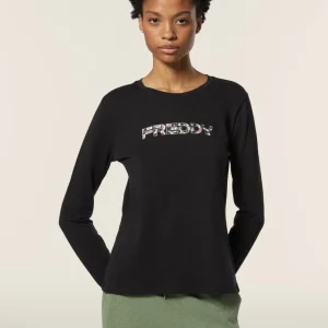 T-shirt donna manica lunga in jersey con logo maculato