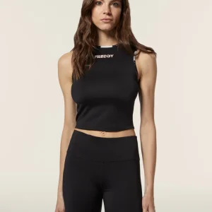 Top sportivo in tessuto tecnico con logo bronzo