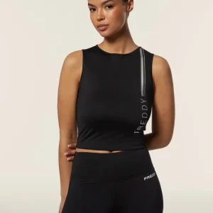 Top sportivo in tessuto tecnico con stampa metallizata