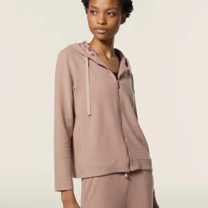 Felpa donna in viscosa tricot con zip e cappuccio animalier