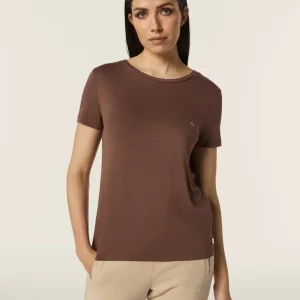 T-shirt donna in jersey viscosa scritta composta da borchie