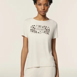 T-shirt donna in jersey di viscosa con stampa oro rosa