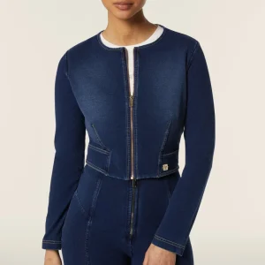 Giacca corta con zip da donna in jersey effetto denim