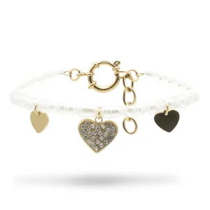 Bracciale con Catena di Cuori e Perle in Acciaio Dorato