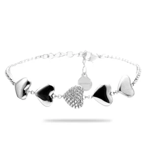 Bracciale in acciaio argentato con cuori e strass