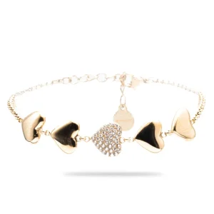 Bracciale in acciaio dorato con cuori e strass