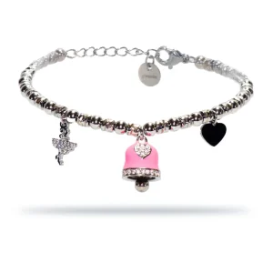 Bracciale in acciaio silver a sfere con charms rosa e strass