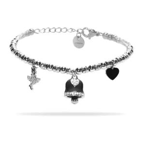 Bracciale in acciaio silver a sfere con charms nero e strass
