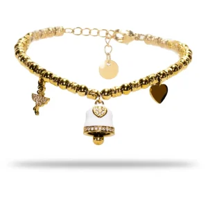 Bracciale in Acciaio Gold a sfere con charms bianco e strass