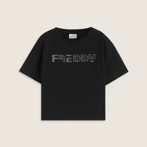 T-shirt cropped bambina con logo borchiato