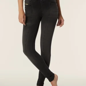 Pantaloni Vita Alta a incrocio in Jersey Denim effetto used