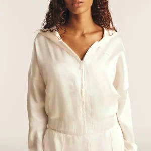 Felpa corta con cappuccio e zip in tessuto effetto seta