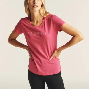 T-shirt scollo tondo con logo glitter