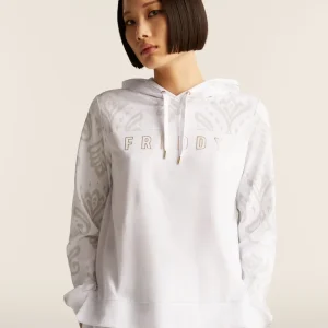 Felpa cappuccio con fondo asimmetrico e dettagli floreali