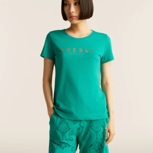 T-shirt in jersey con logo oro chiaro sul fronte