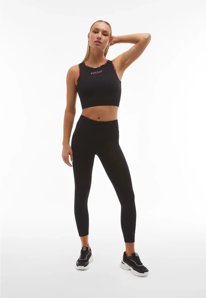 Top fitness a sostegno medio con bordature stampa tropical – Image 2