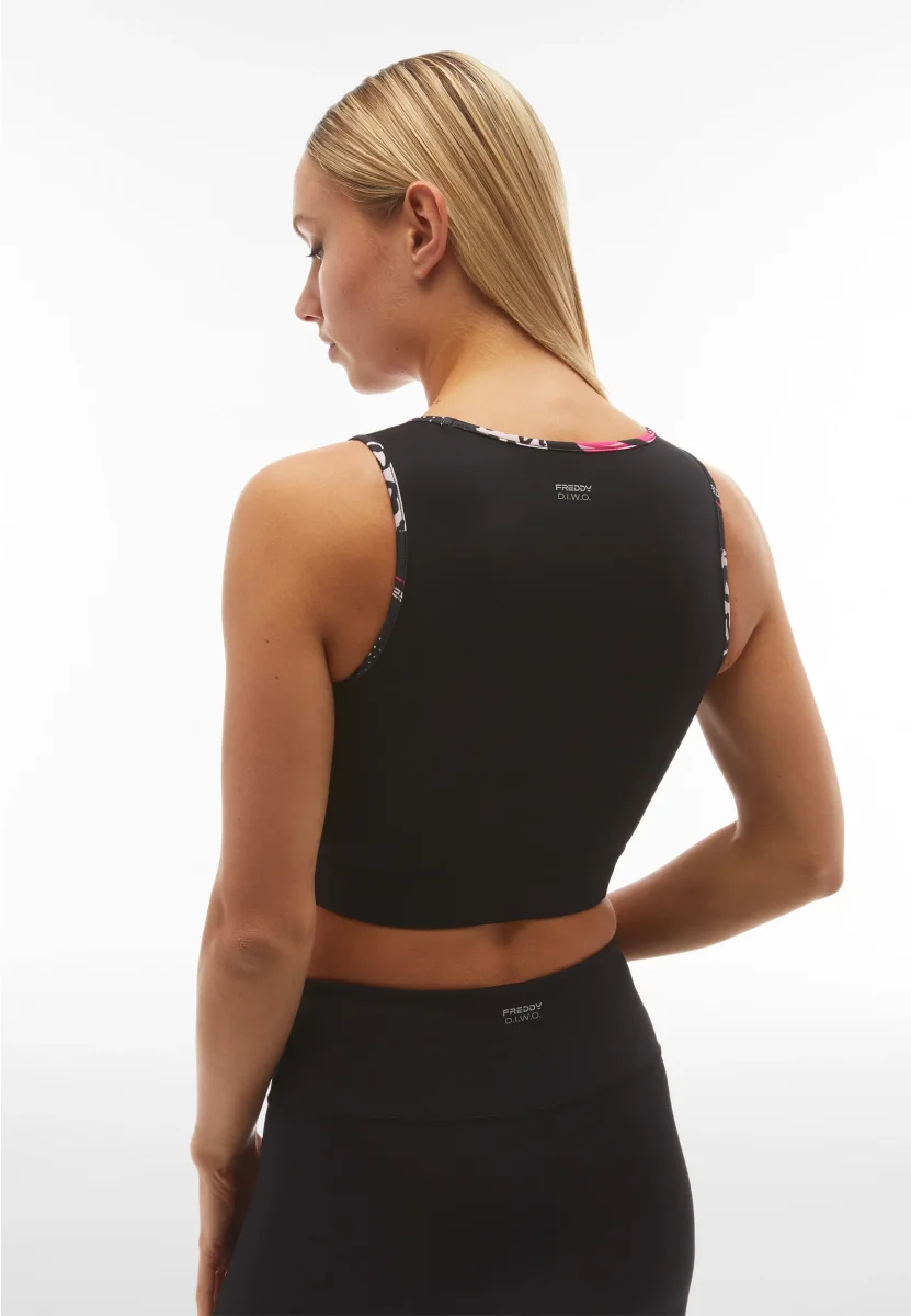Top fitness a sostegno medio con bordature stampa tropical – Image 3