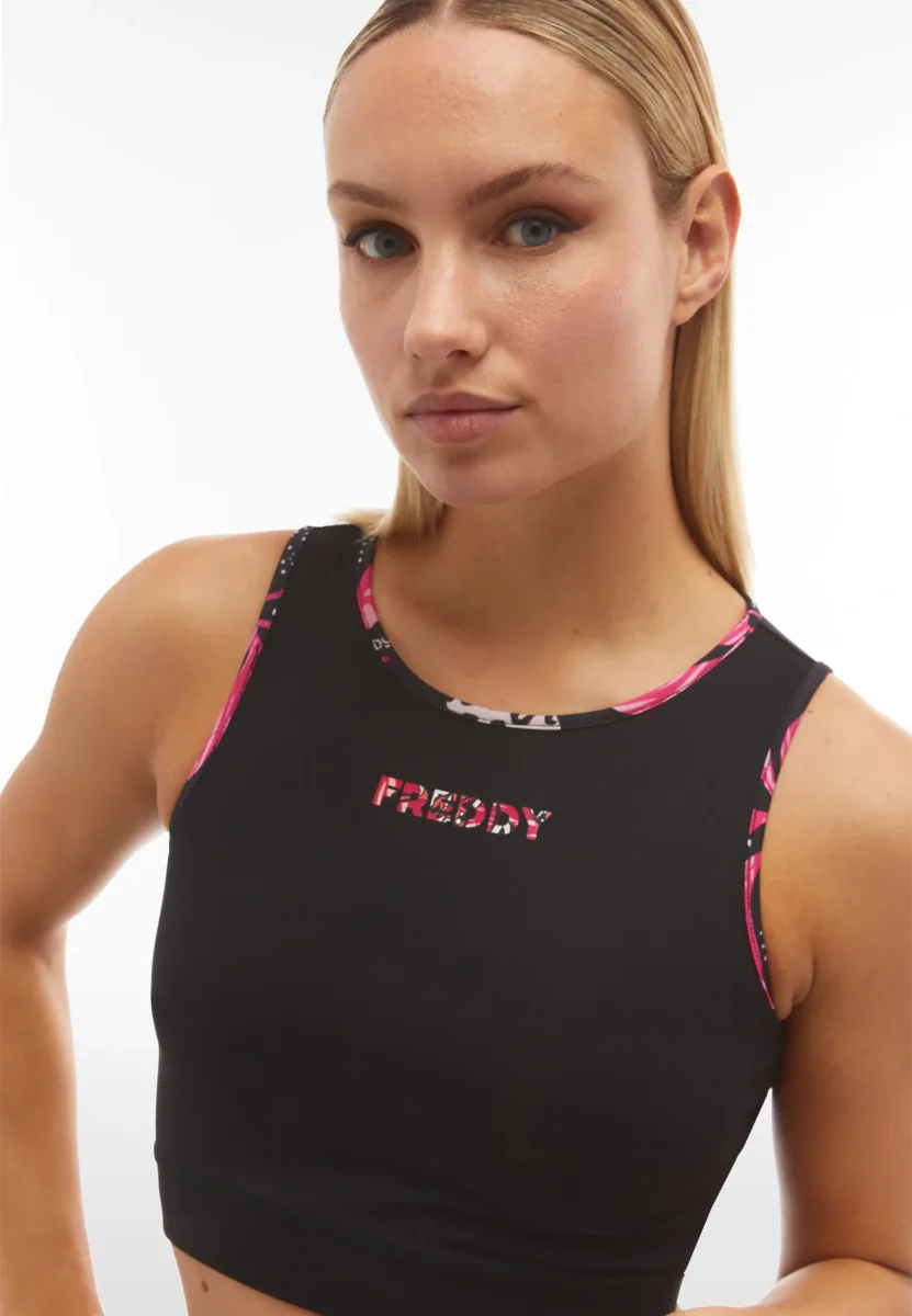 Top fitness a sostegno medio con bordature stampa tropical – Image 4