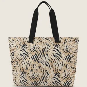 Borsa Shopper in canvas animalier con zip