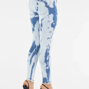 Jeans push up WR.UP® denim tie-dye blu e bianco a vita alta